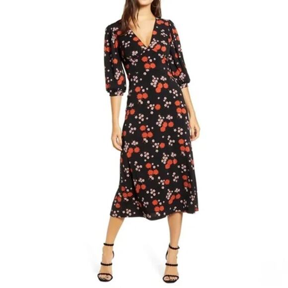 Nordstrom All In Favor Black Red Floral Midi Dress Size XS - Picture 1 of 6